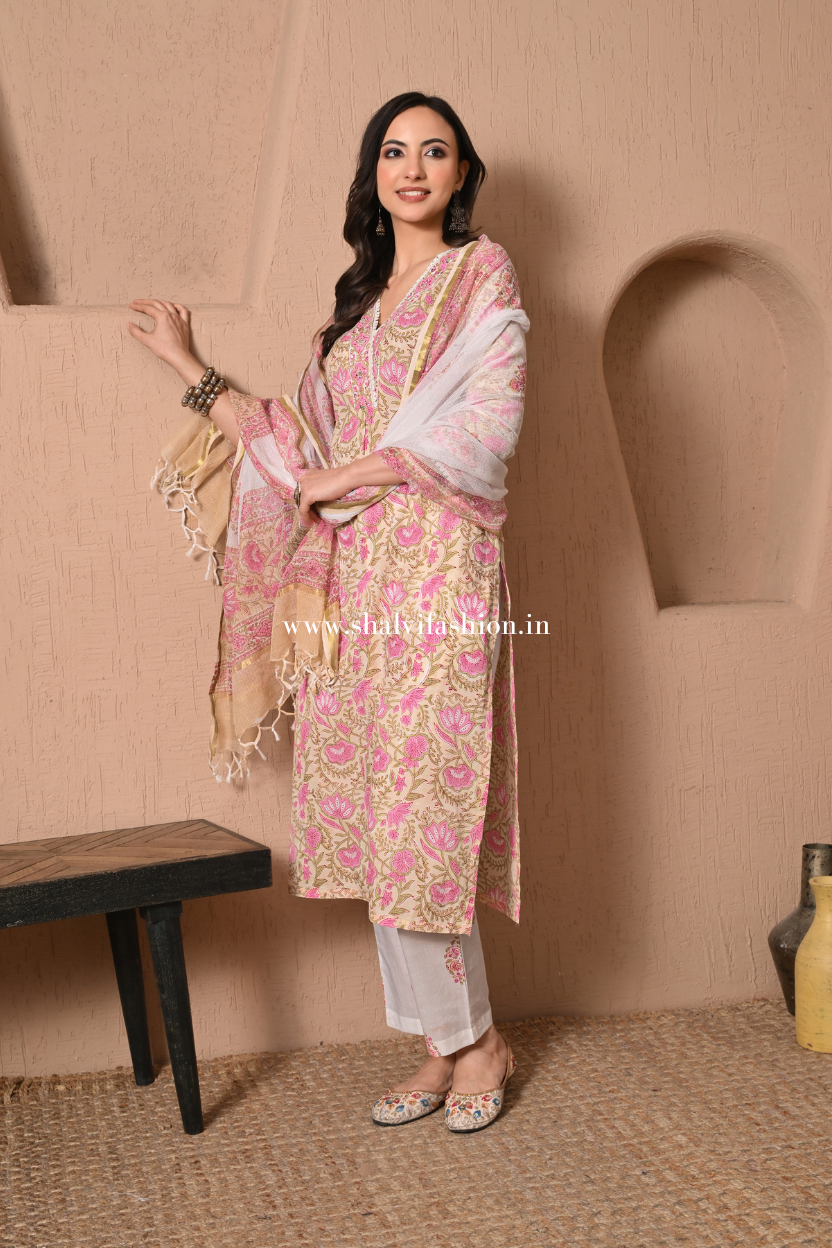 Shop block print cotton suits with kota dupatta (CSS388)