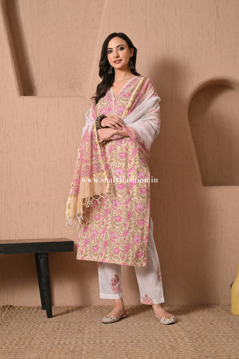 Shop block print cotton suits with kota dupatta (CSS388)