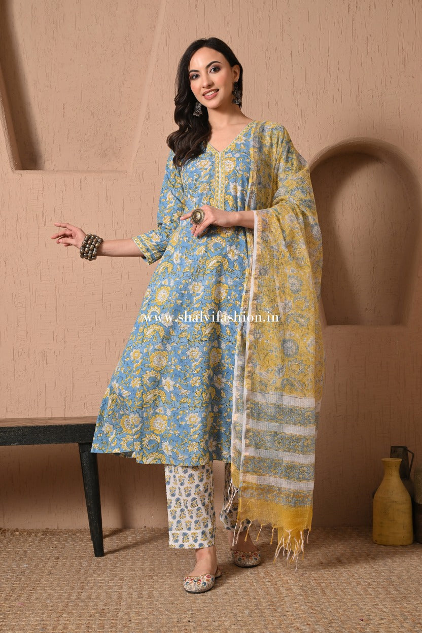 Shop hand block print pure cotton suits with kota dupatta (CSS435)