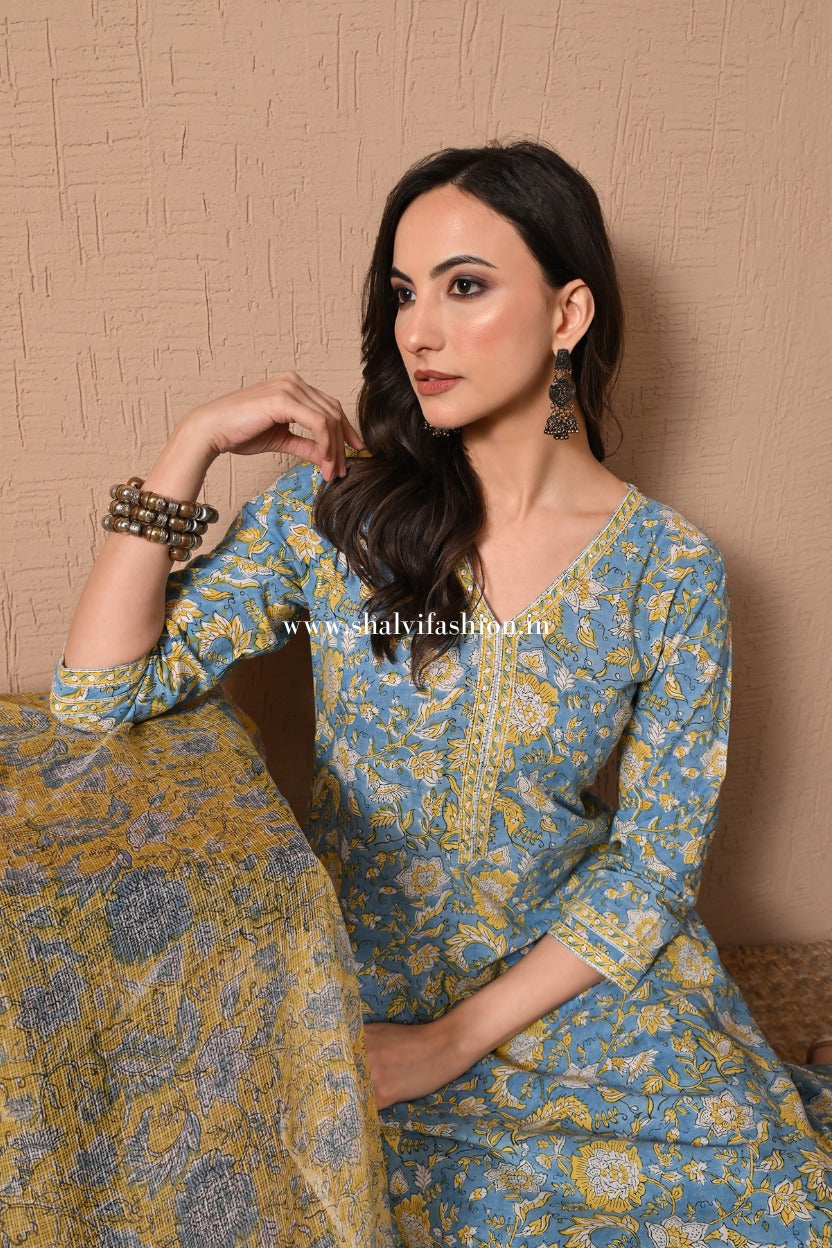 Shop hand block print pure cotton suits with kota dupatta (CSS435)