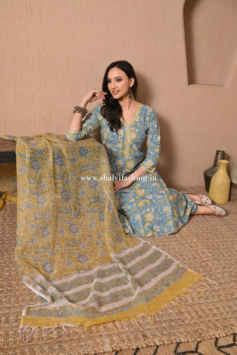 Shop hand block print pure cotton suits with kota dupatta (CSS435)