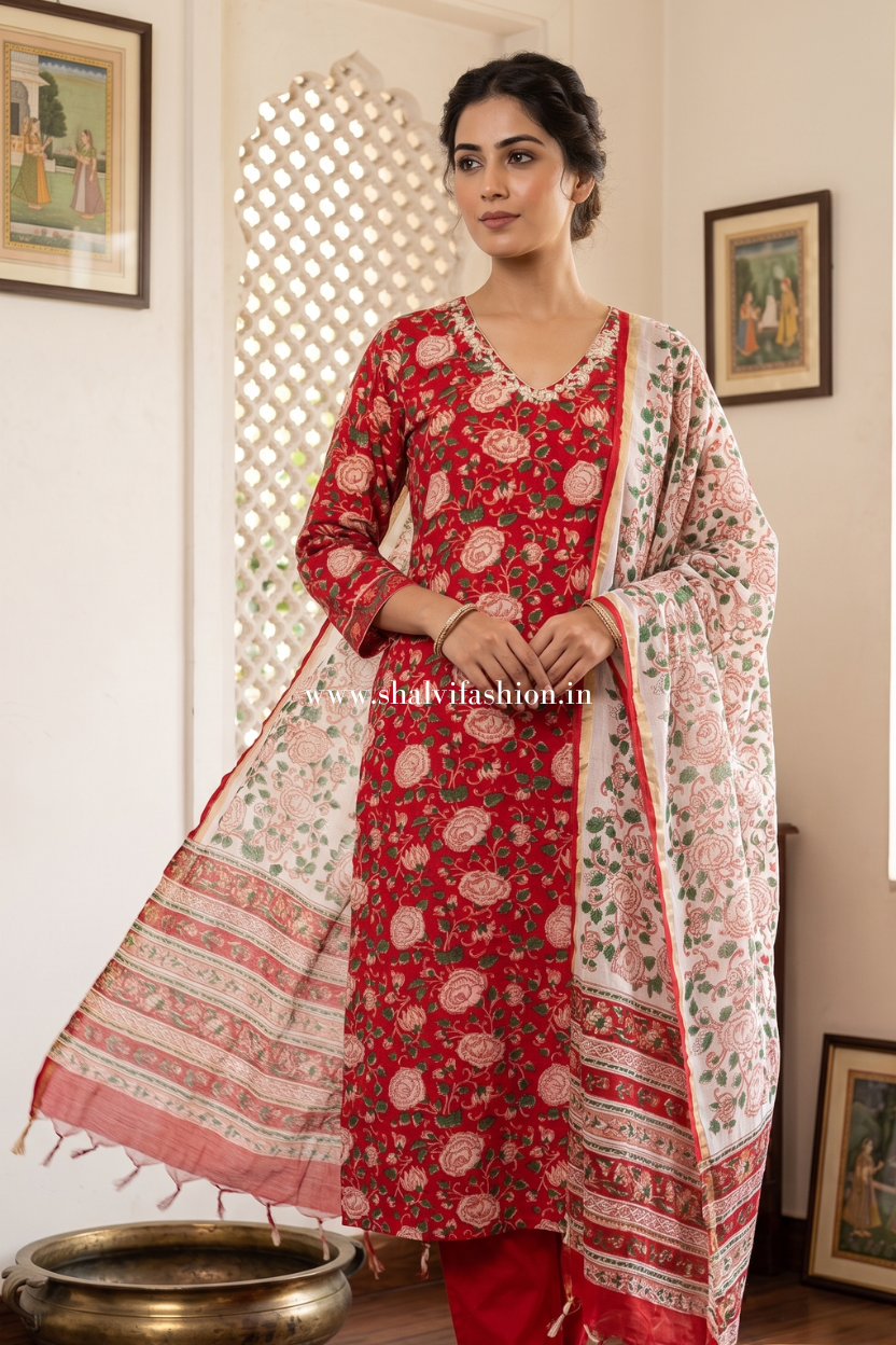 Shop block printed chanderi silk suits online (CSS438)