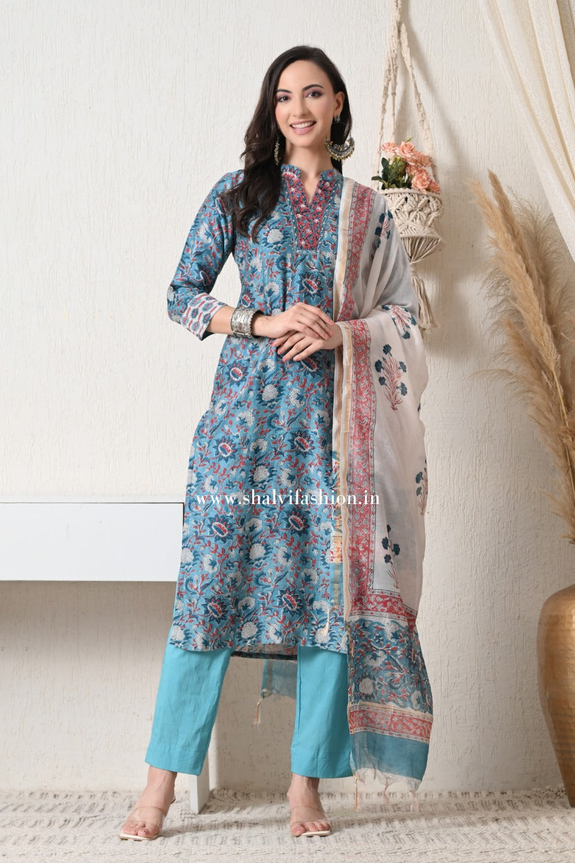 Sehera Hand Block Print Chanderi Silk Suit Set (CSS439)