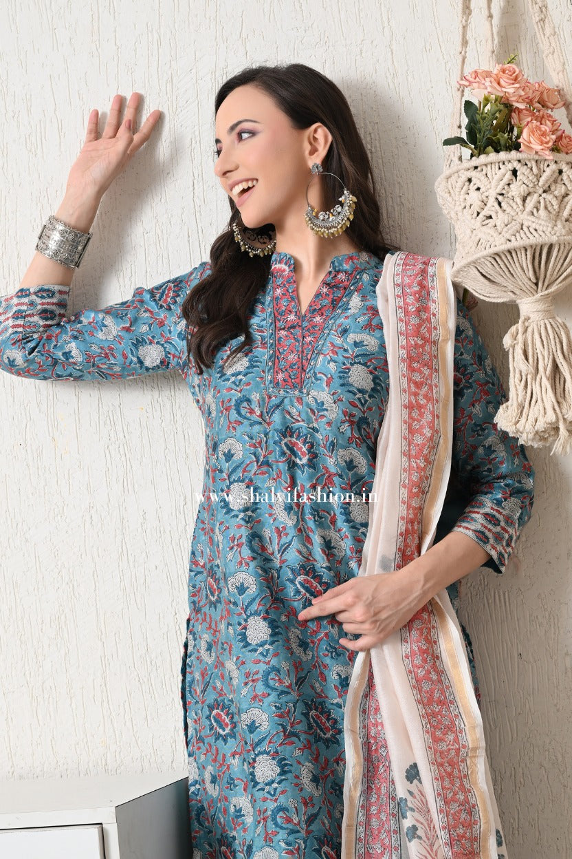 Sehera Hand Block Print Chanderi Silk Suit Set (CSS439)