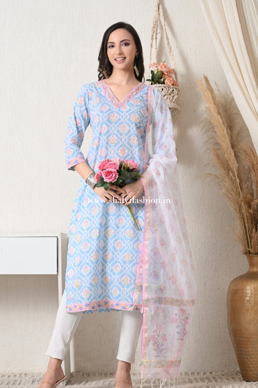 Shop hand block print pure cotton suits with kota dupatta online (CSS449)