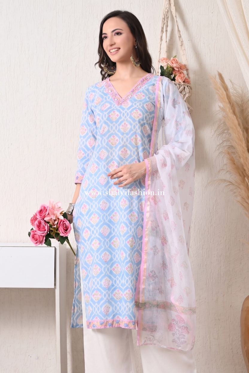 Shop hand block print pure cotton suits with kota dupatta online (CSS449)