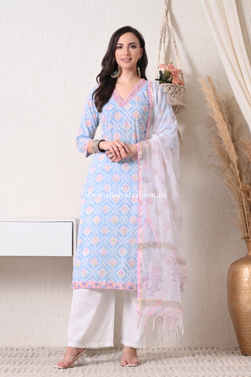 Shop hand block print pure cotton suits with kota dupatta online (CSS449)