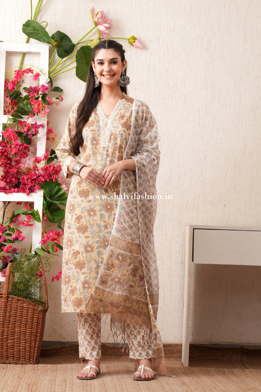 Shop hand block print pure cotton suits with kota  doria dupatta (CSS450)