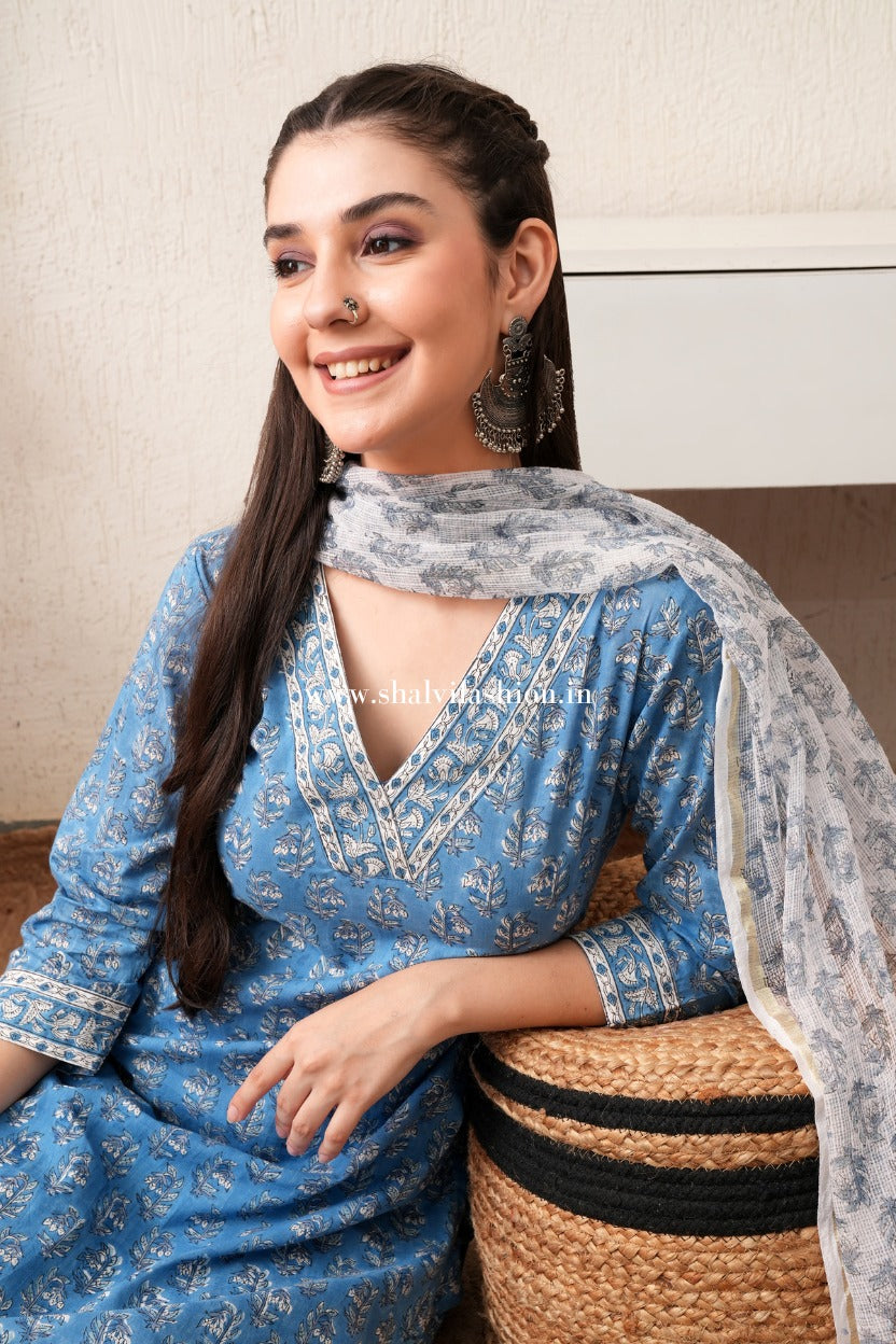 Shop block print pure cotton suits with kota dupatta (CSS470)