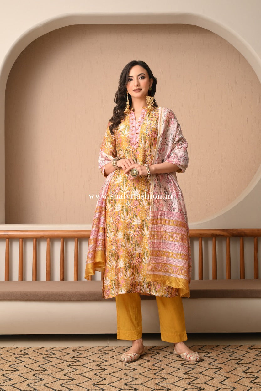 Shop hand block print chanderi silk suits in jaipur (CSS483)