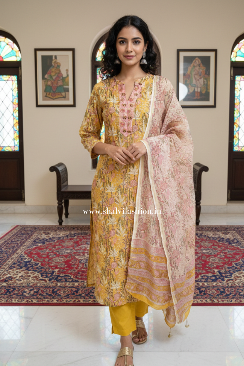 Shop hand block print chanderi silk suits in jaipur (CSS483)