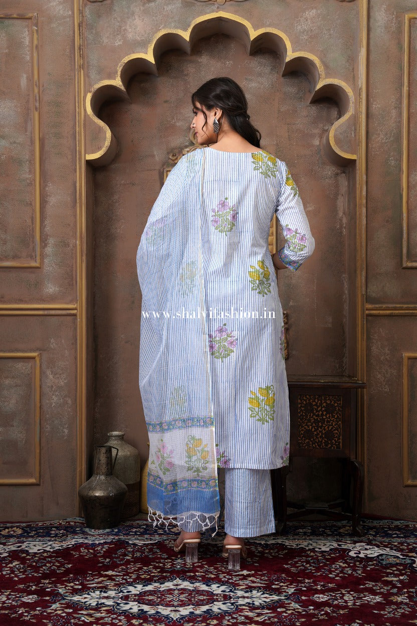 Shop hand block printed cotton suits with kota dupatta (CSS496)