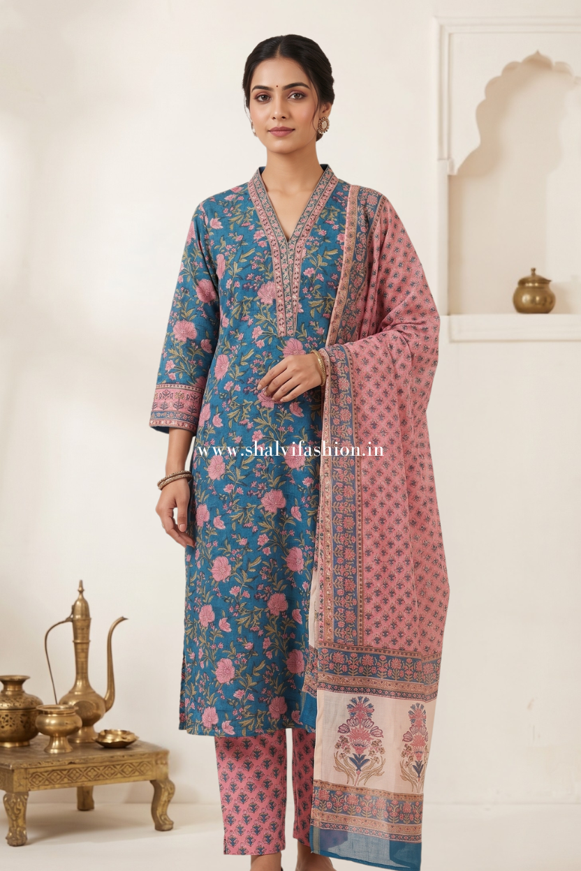 Shop block print chanderi silk suits in jaipur (CSS498)