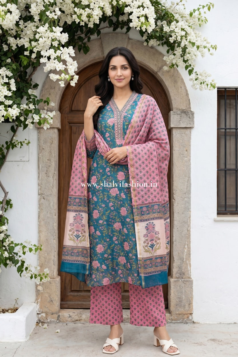 Shop block print chanderi silk suits in jaipur (CSS498)