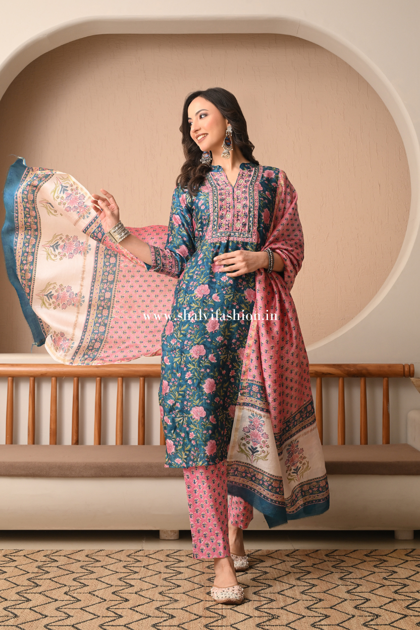 Shop block print chanderi silk suits in jaipur (CSS498)