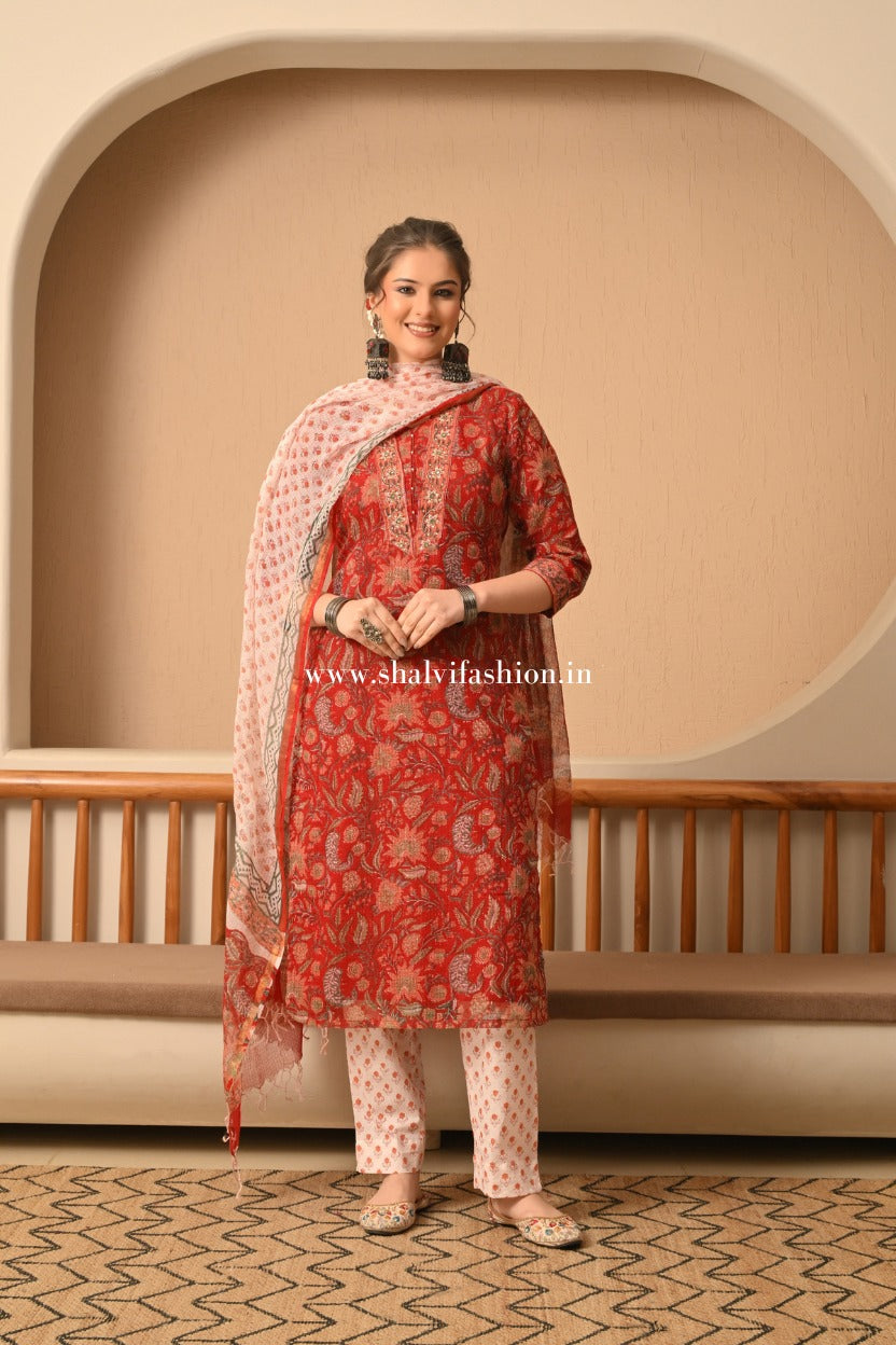 Shop block printed kota doria suits online (CSS502)