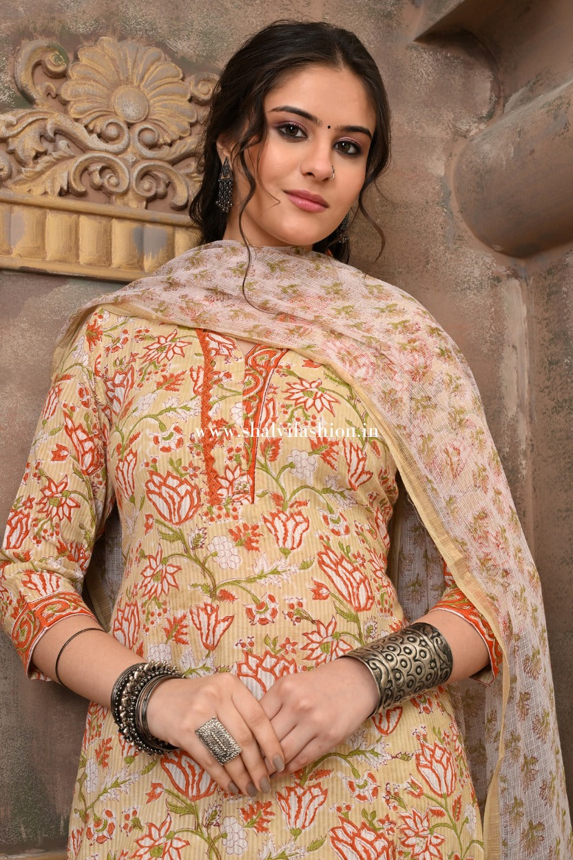 Shop hand block print cotton suits with kota dupatta (CSS504)