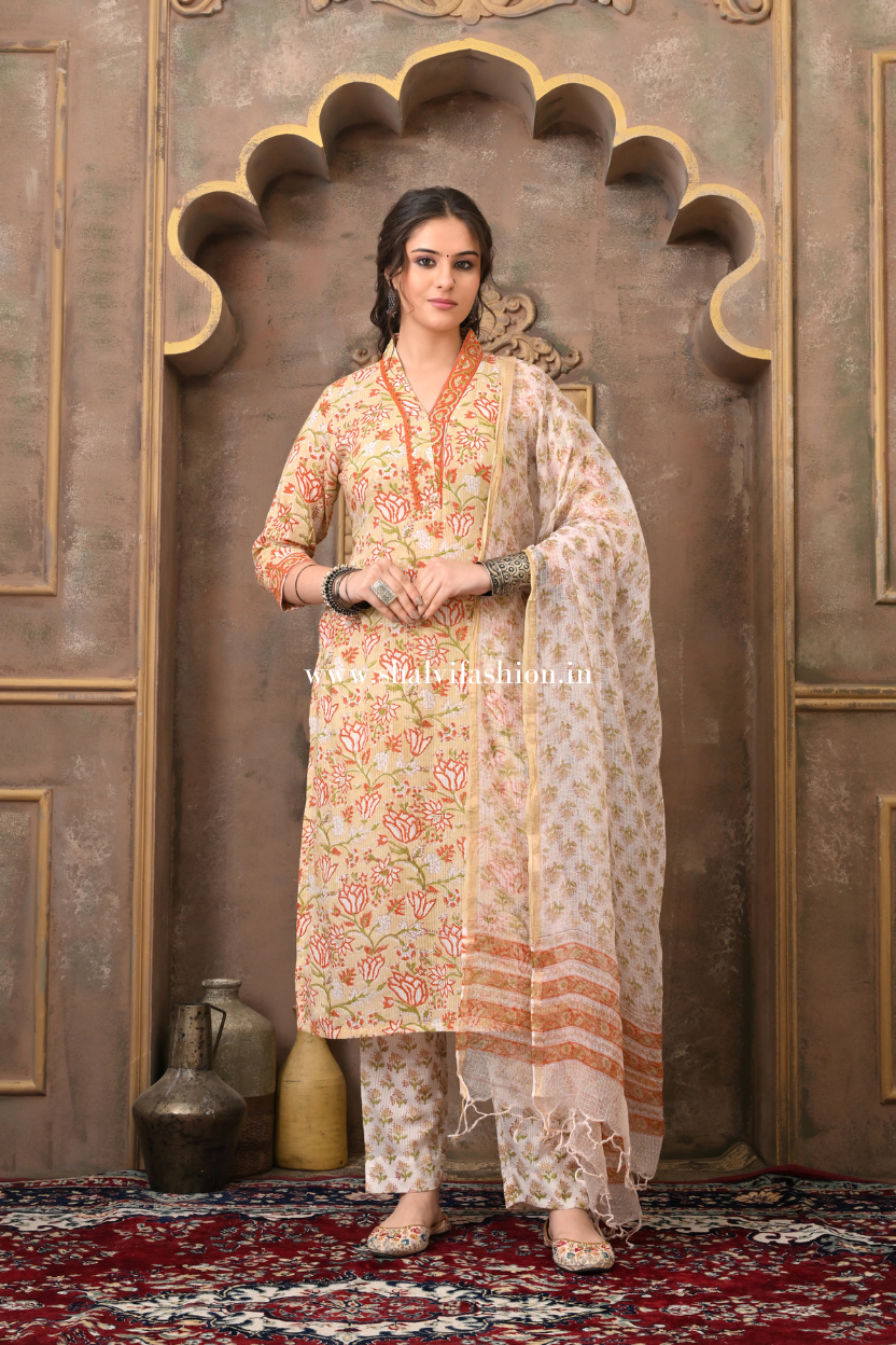 Shop hand block print cotton suits with kota dupatta (CSS504)