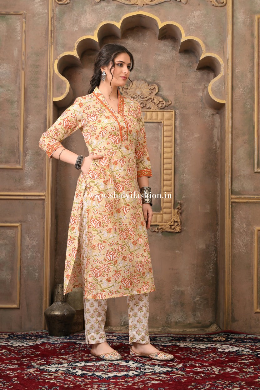 Shop hand block print cotton suits with kota dupatta (CSS504)
