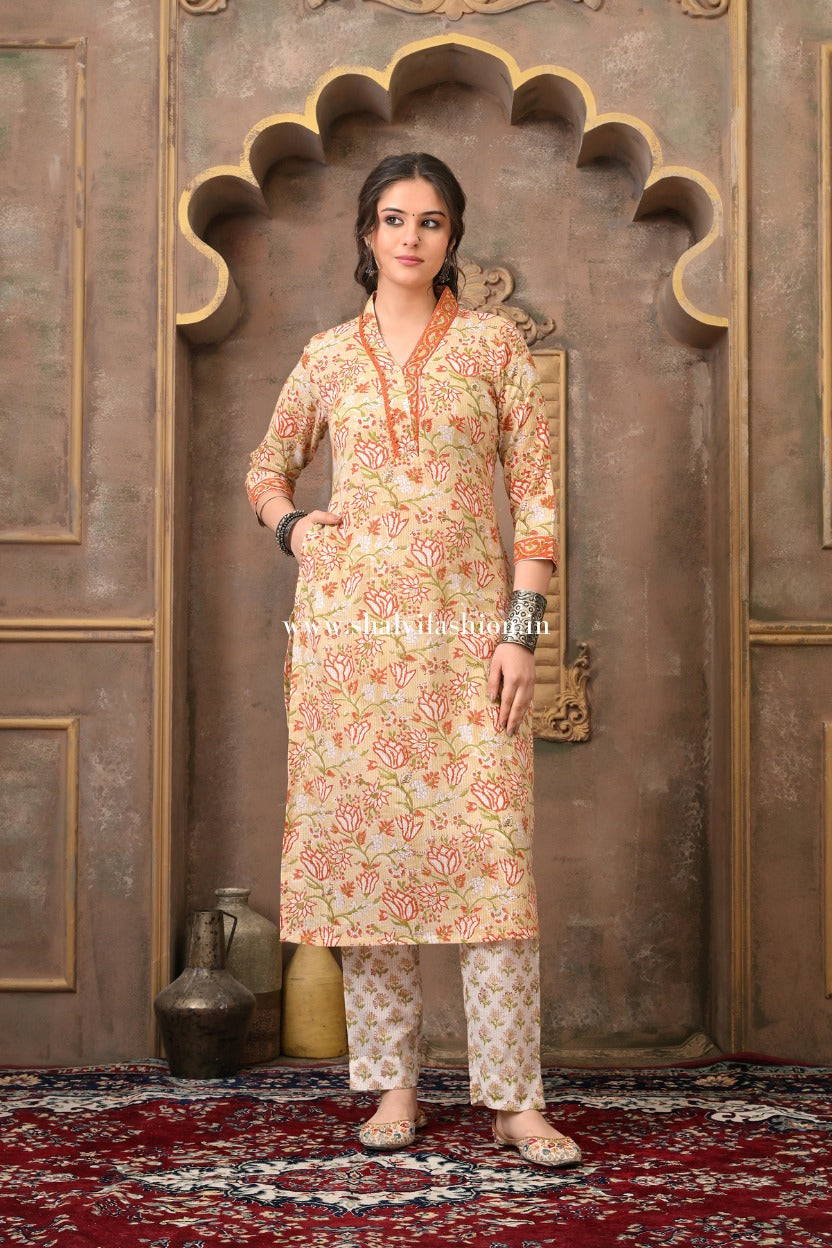 Shop hand block print cotton suits with kota dupatta (CSS504)