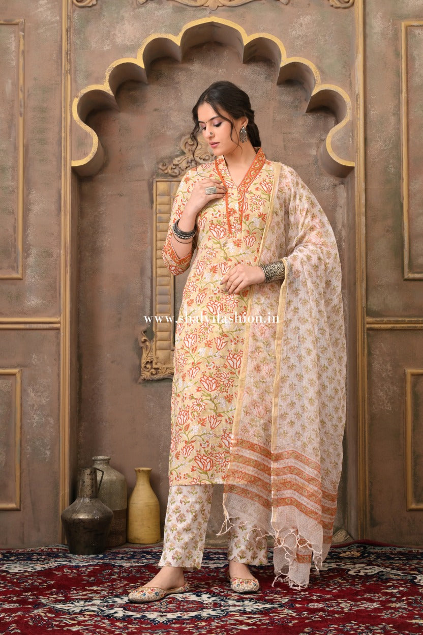 Shop hand block print cotton suits with kota dupatta (CSS504)