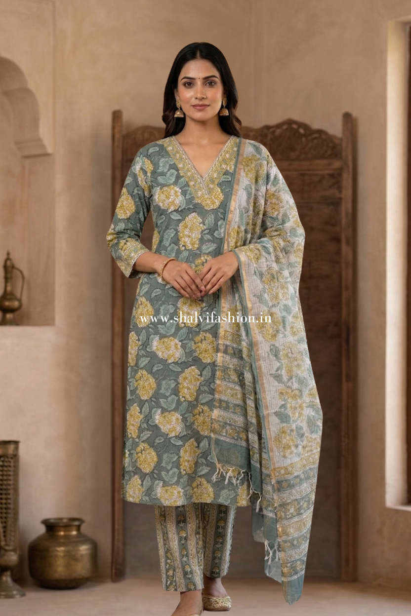 Shop hand block printed cotton suits with kota doria dupatta (CSS507)