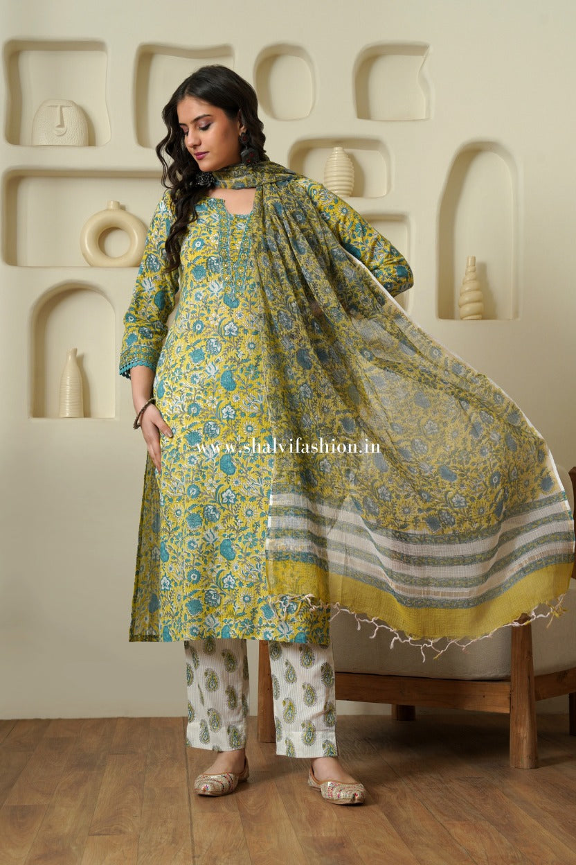 Shop hand block printed cotton suits with kota doria dupatta online (CSS508)