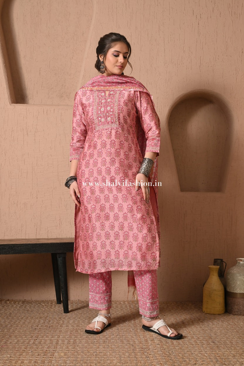 Shop block print chanderi silk suits (CSS514)