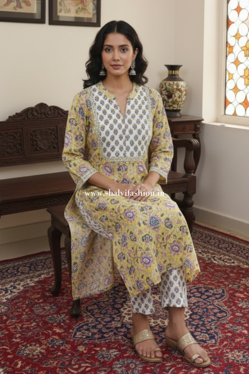 Shop hand block printed cotton suits with doria online (CSS524)