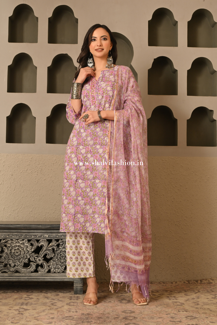 Shop block print cotton suits with doria dupatta online (CSS535)