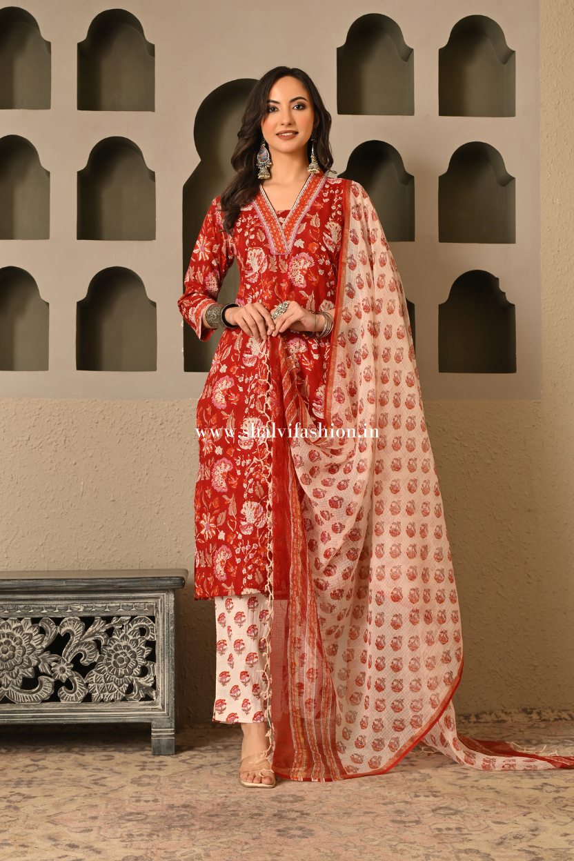 Shop block print cotton suits with doria dupatta (CSS537)