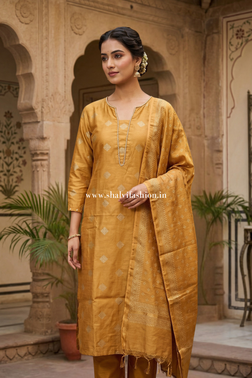 Shop hand block print chanderi silk suits online (CSS586)