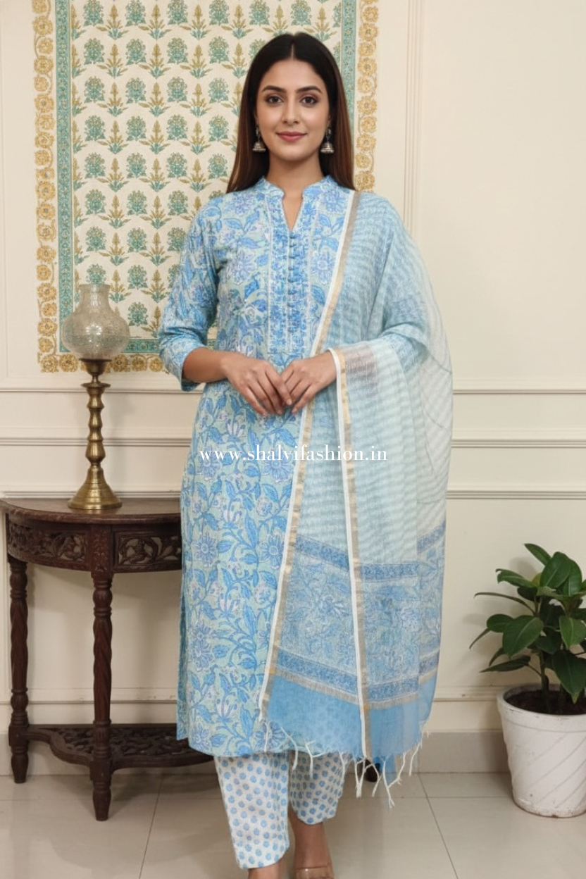 Shop jaipuri block print cotton suits with kota dupatta (CSS590)