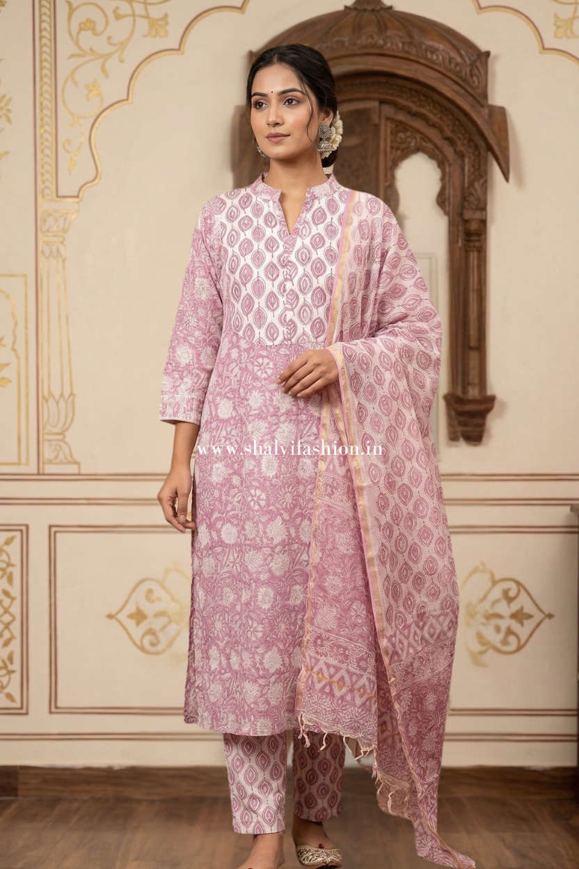Shop hand block print cotton suits with kota dupatta (CSS595)