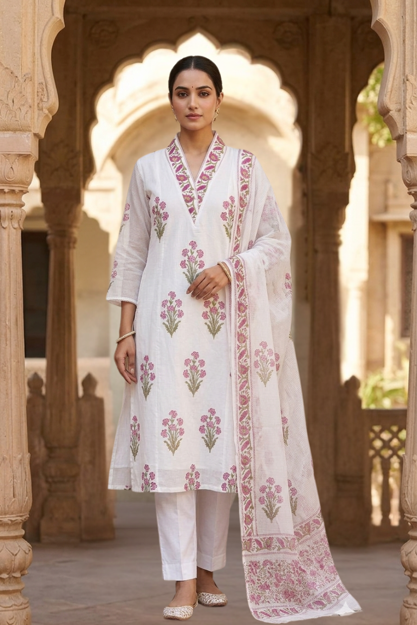 Shop jaipuri printed cotton suits with kota dupatta (CSS610)