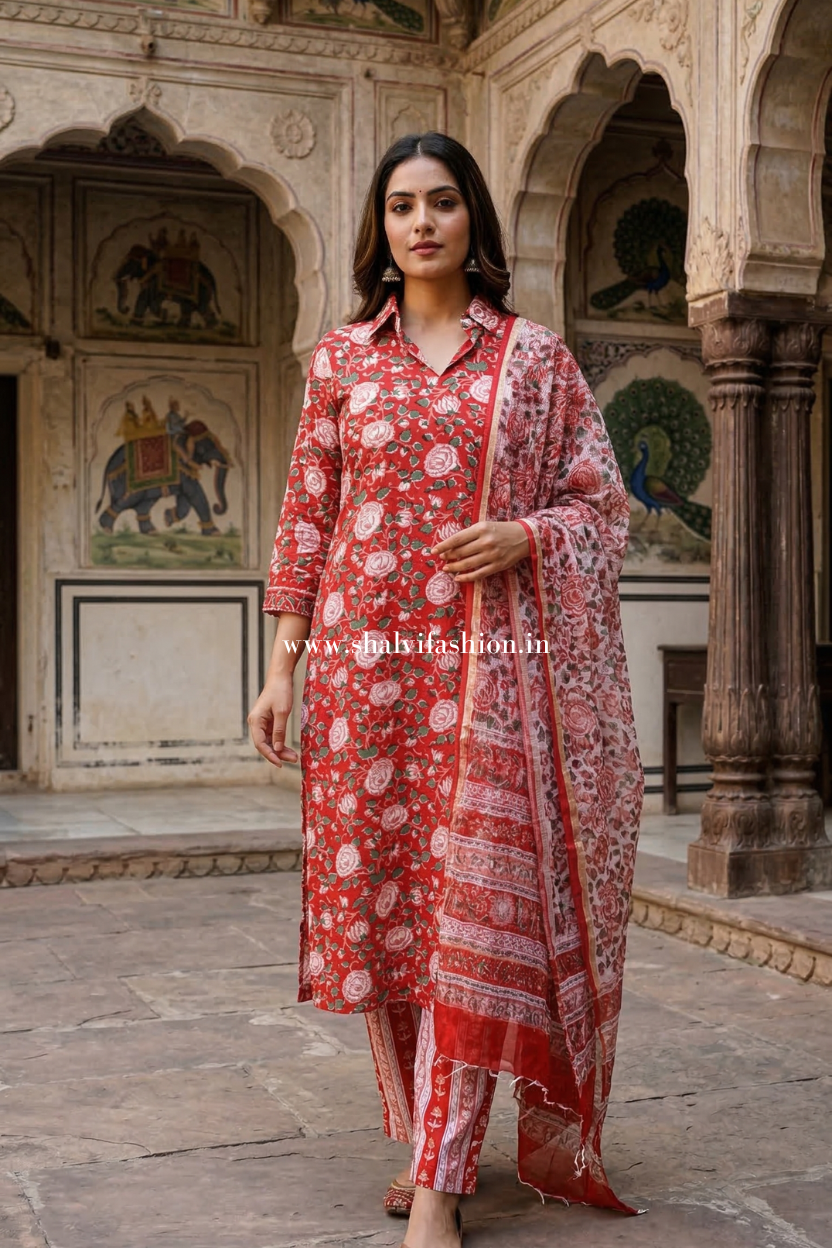 Shop jaipuri block print cotton suits with kota dupatta (CSS613)