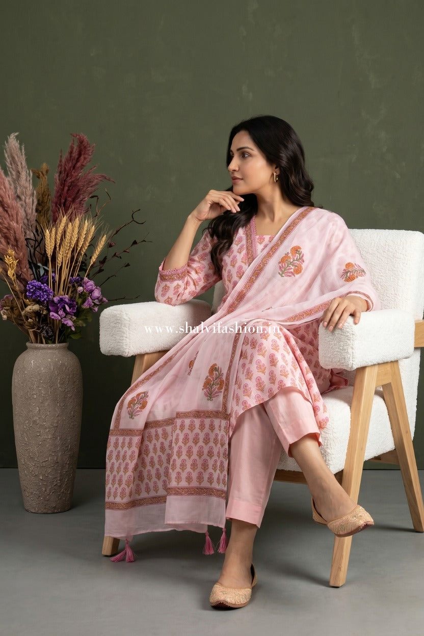 Shop hand block print organza suit set with organza dupatta online (CSS617)