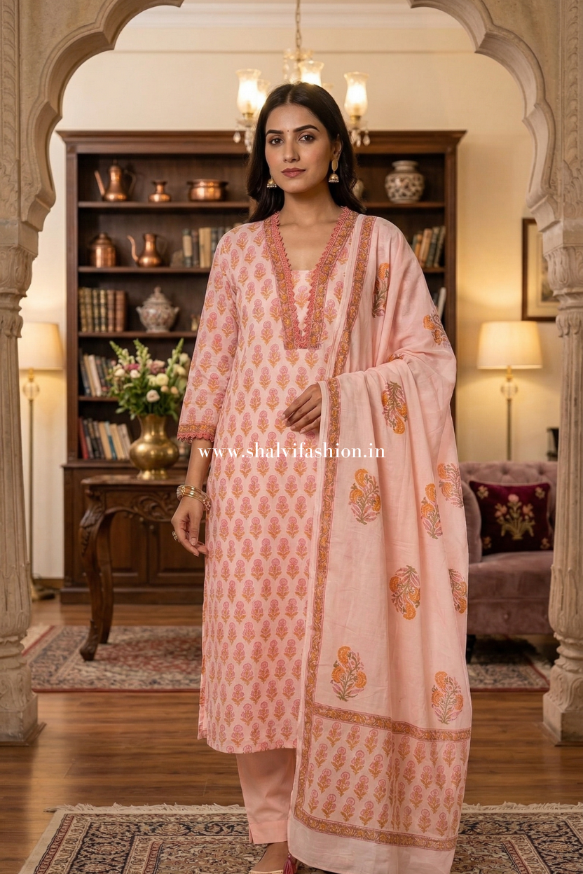 Shop hand block print organza suit set with organza dupatta online (CSS617)