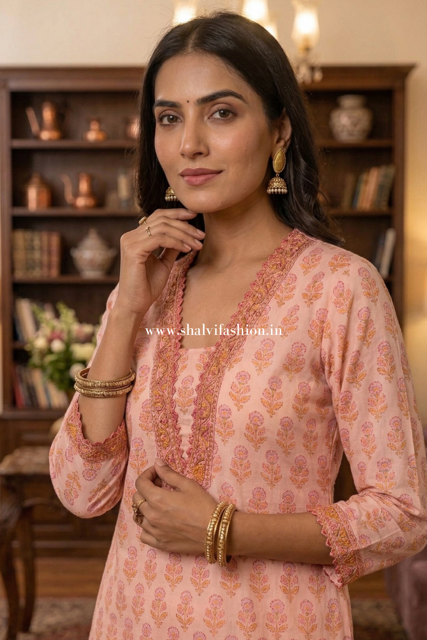 Shop hand block print organza suit set with organza dupatta online (CSS617)