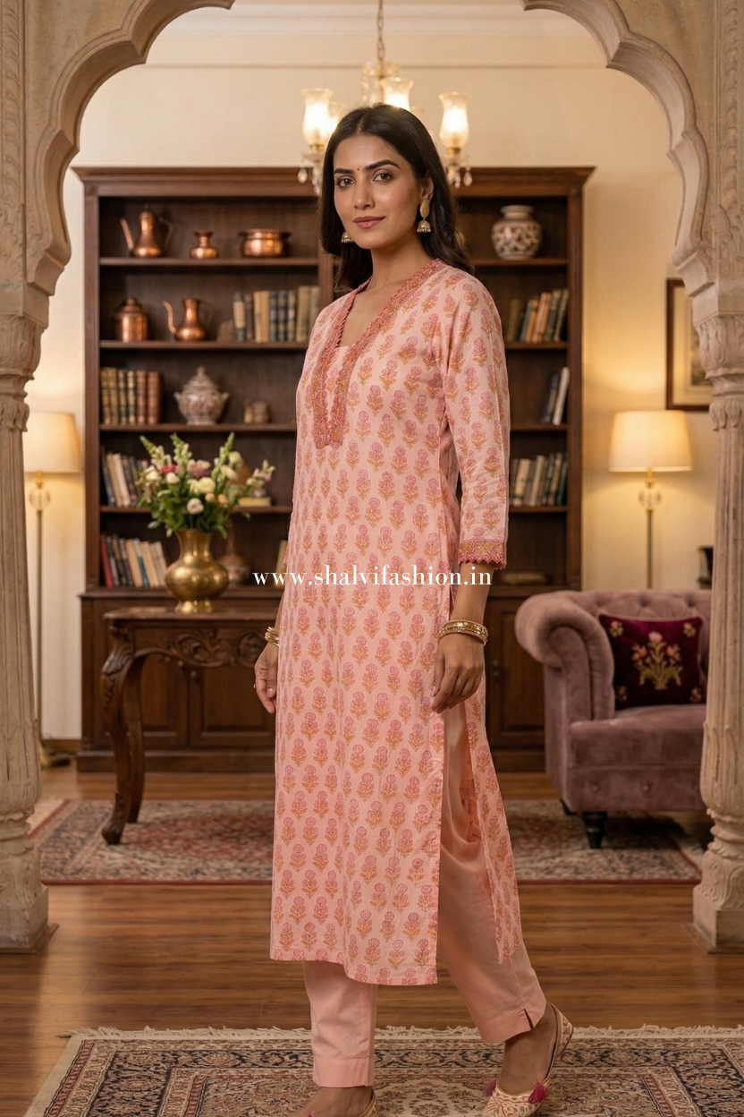 Shop hand block print organza suit set with organza dupatta online (CSS617)