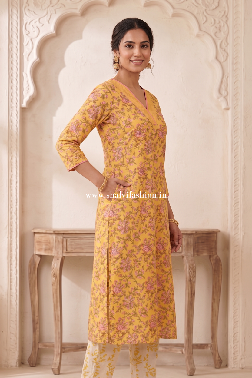 Shop block printed cotton suits with kota dupatta (CSS634)