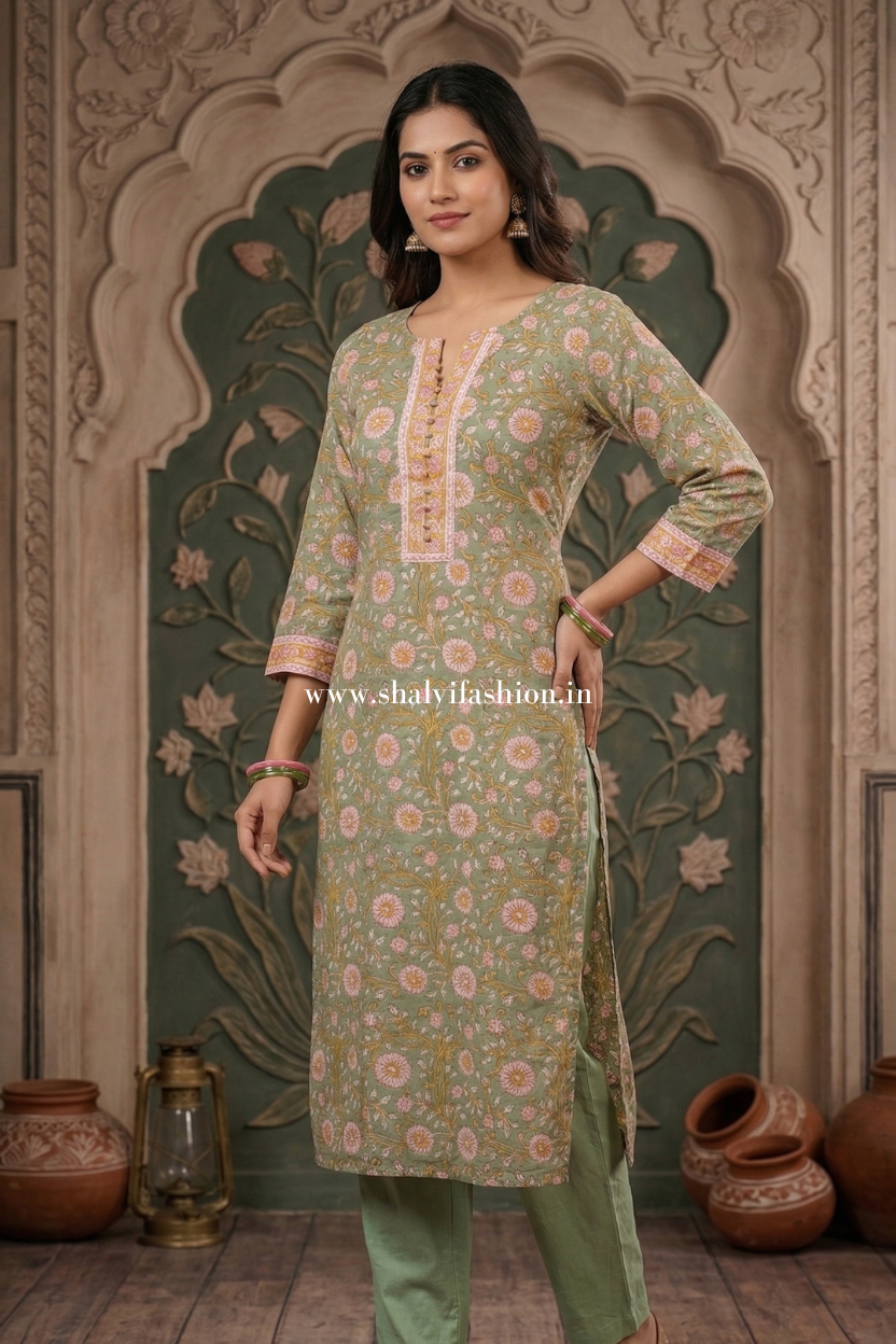 Shop block printed cotton suits with kota doria dupatta (CSS625)