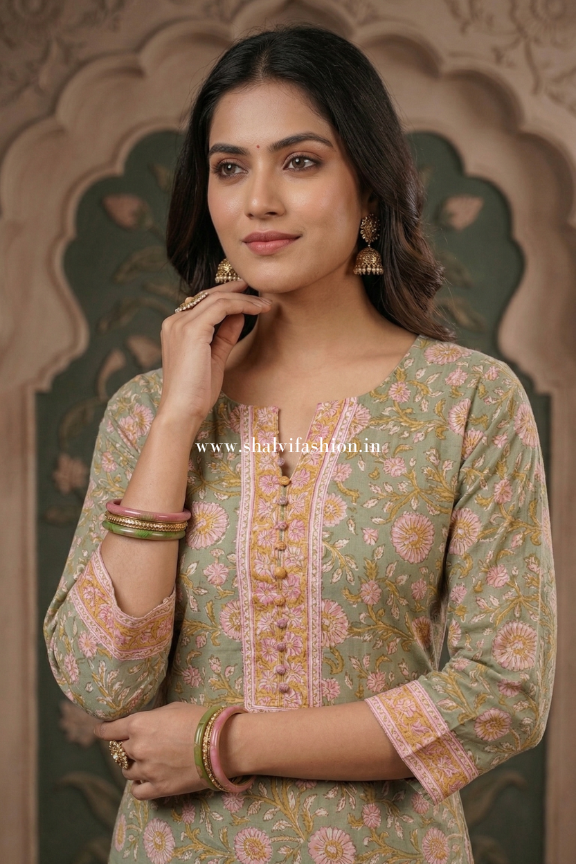 Shop block printed cotton suits with kota doria dupatta (CSS625)