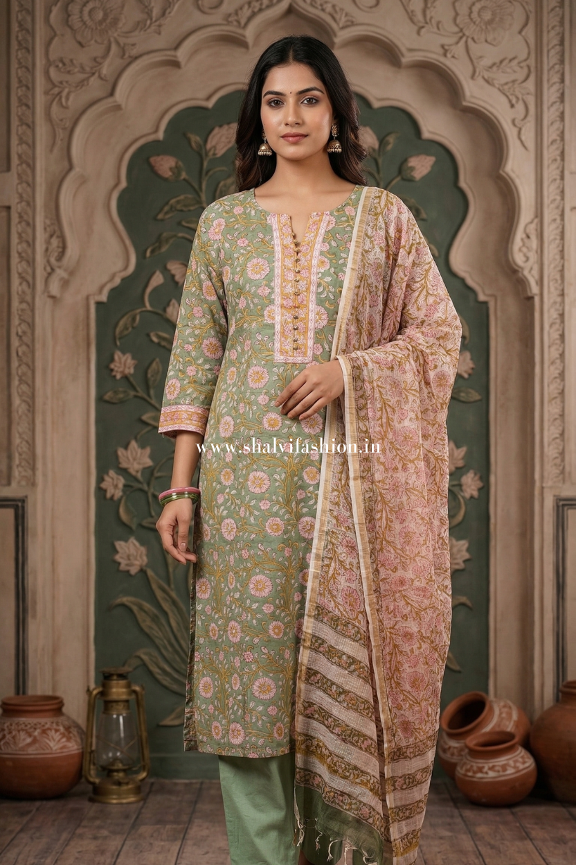 Shop block printed cotton suits with kota doria dupatta (CSS625)
