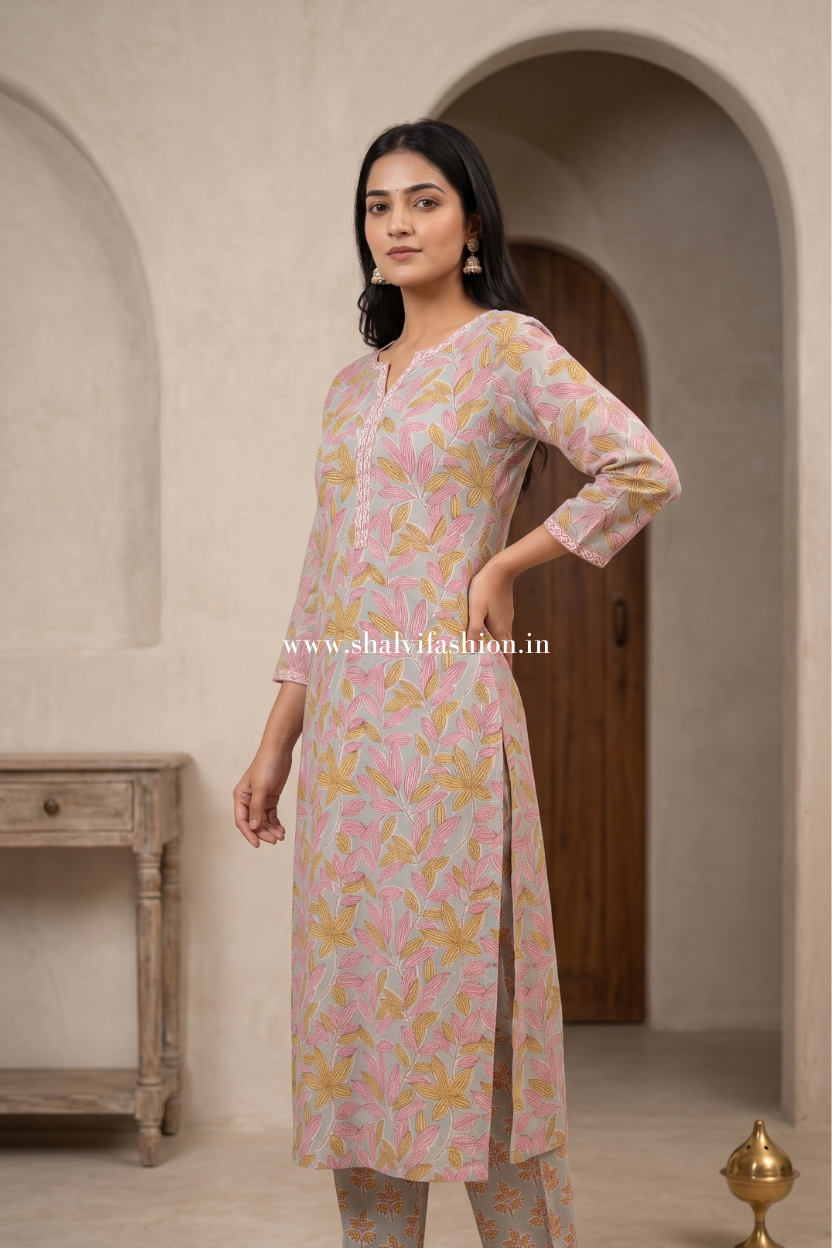 Shop hand block printed cotton suits with kota dupatta (CSS638)
