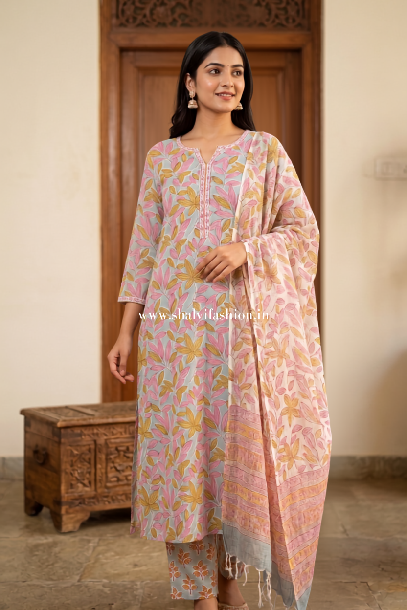 Shop hand block printed cotton suits with kota dupatta (CSS638)