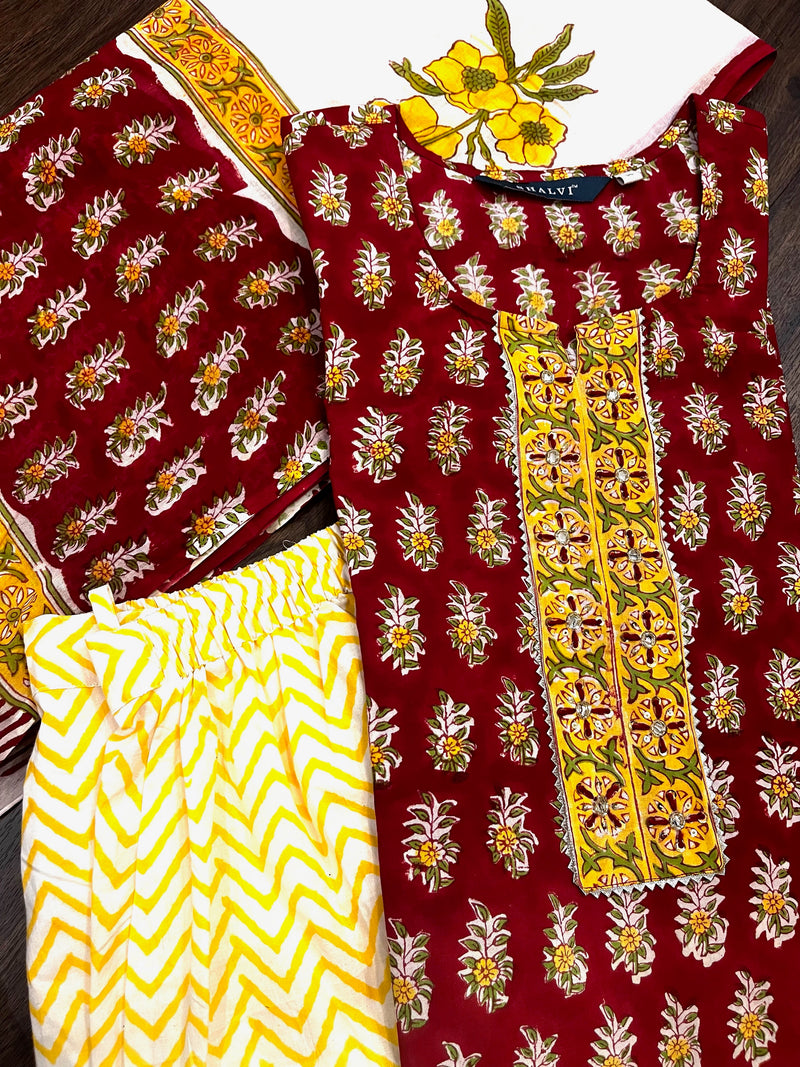 Shop hand block print cotton suit sets with mulmul dupatta (CSS71MUL)