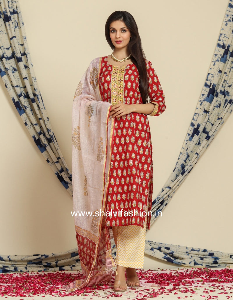 Shop hand block print cotton suits with kota doria dupatta (CSS71KD)