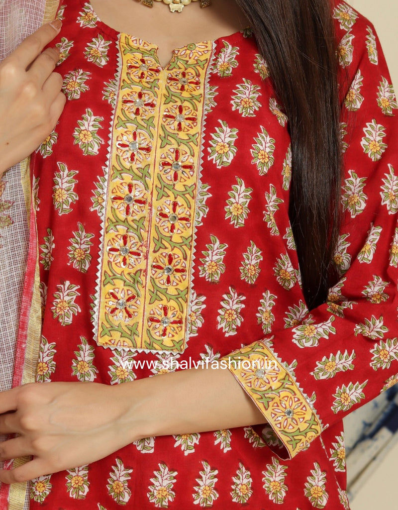 Shop hand block print cotton suits with kota doria dupatta (CSS71KD)