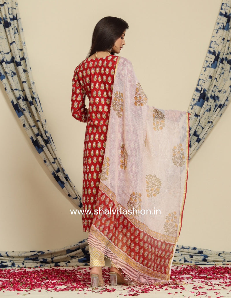 Shop hand block print cotton suits with kota doria dupatta (CSS71KD)